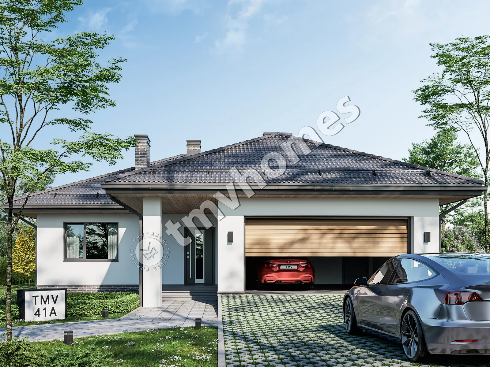 Proiect de casa parter 136 m²: 3 Dormitoare, 2 Bai, Bucatarie deschisa, Garaj