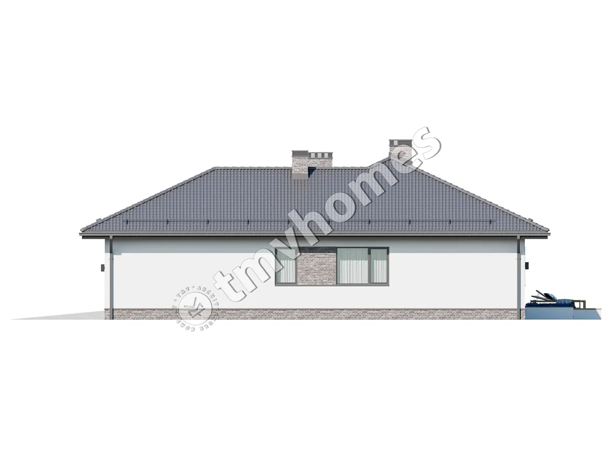 Proiect de casa parter 136 m²: 3 Dormitoare, 2 Bai, Bucatarie deschisa, Garaj
