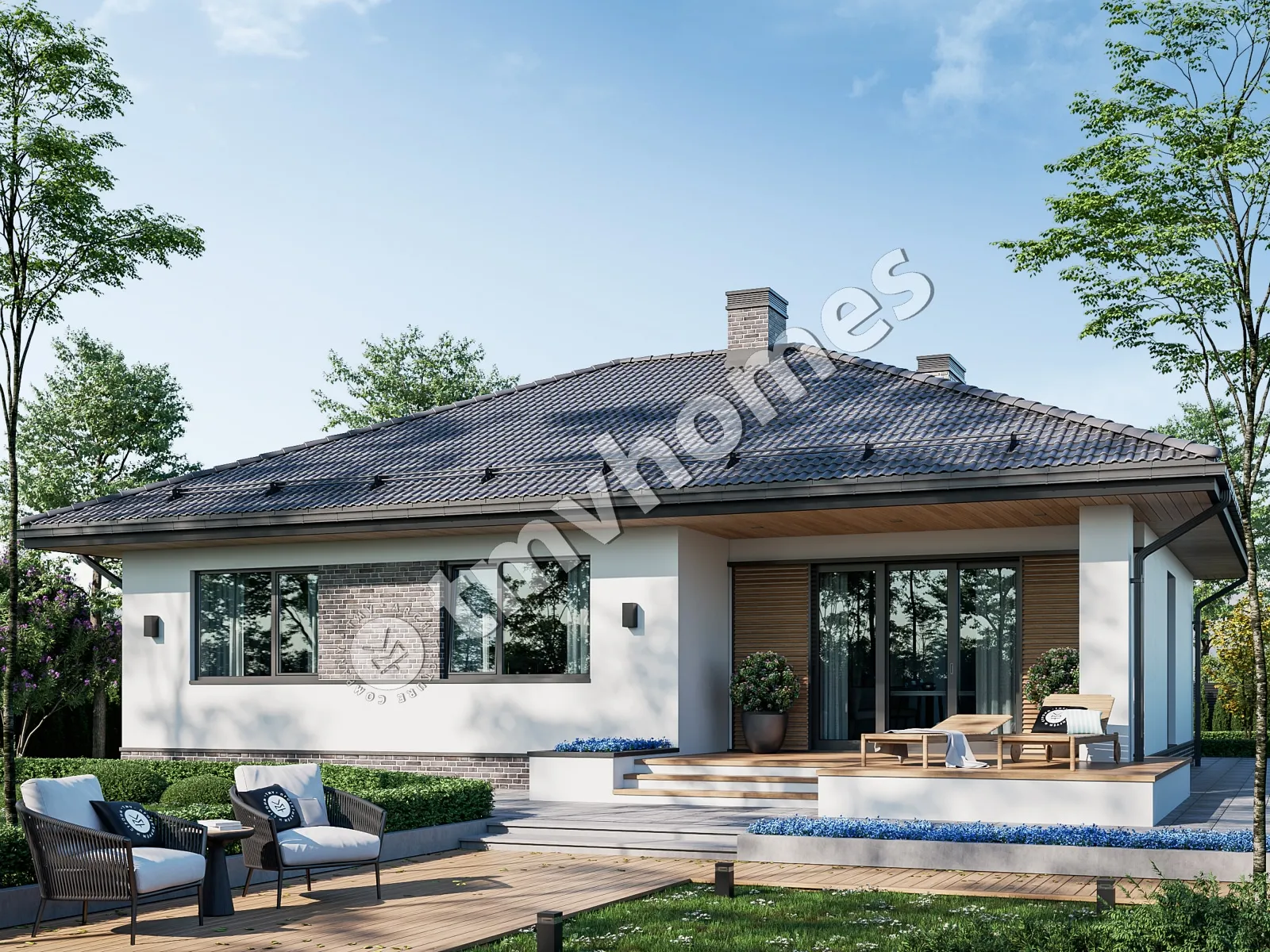 Proiect de casa parter 136 m²: 3 Dormitoare, 2 Bai, Bucatarie deschisa, Garaj