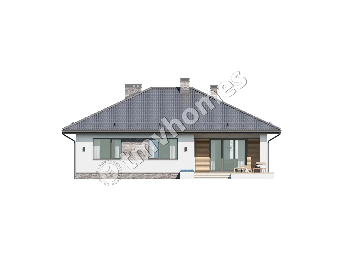 Proiect de casa parter 136 m²: 3 Dormitoare, 2 Bai, Bucatarie deschisa, Garaj