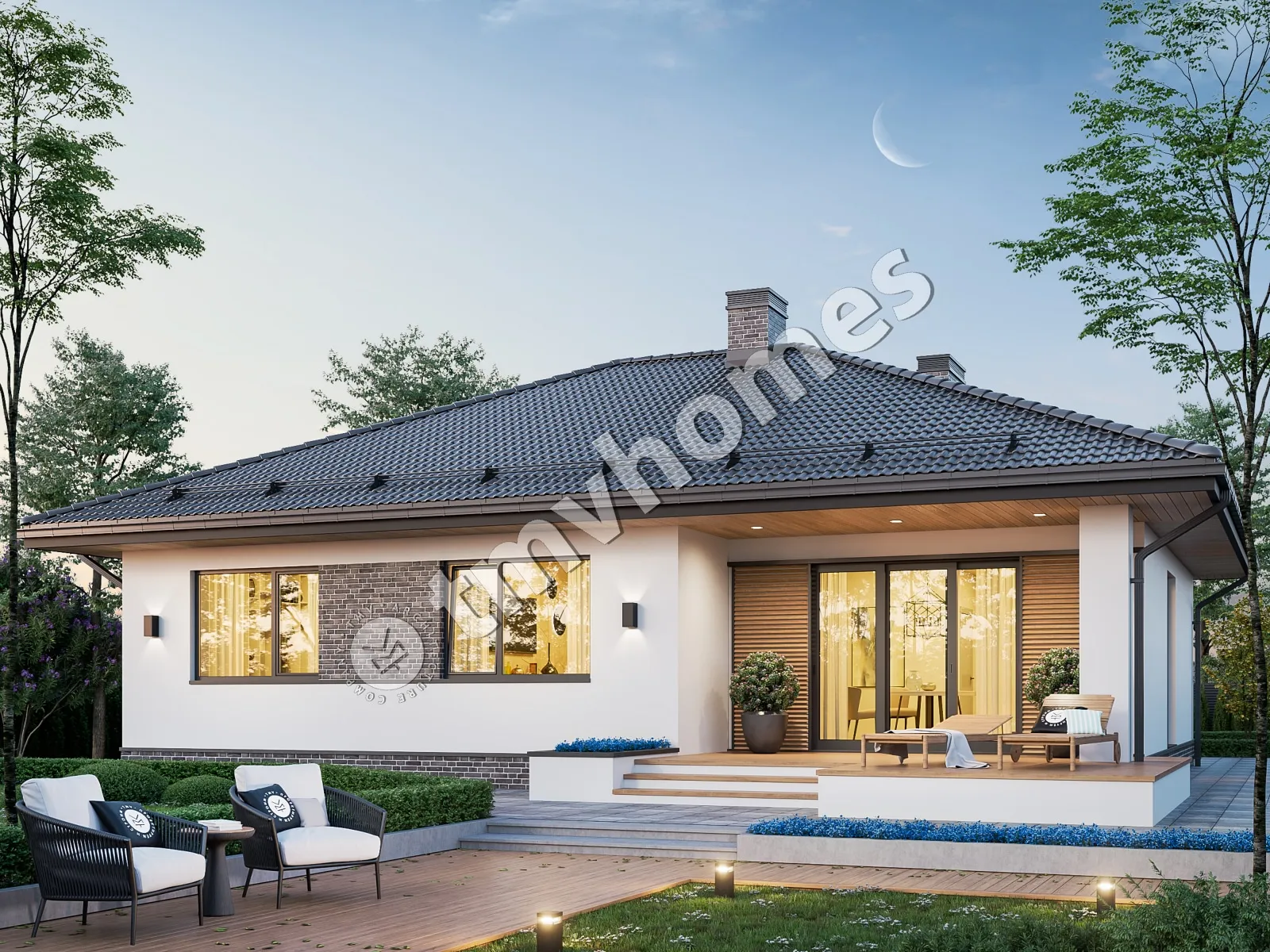 Proiect de casa parter 136 m²: 3 Dormitoare, 2 Bai, Bucatarie deschisa, Garaj