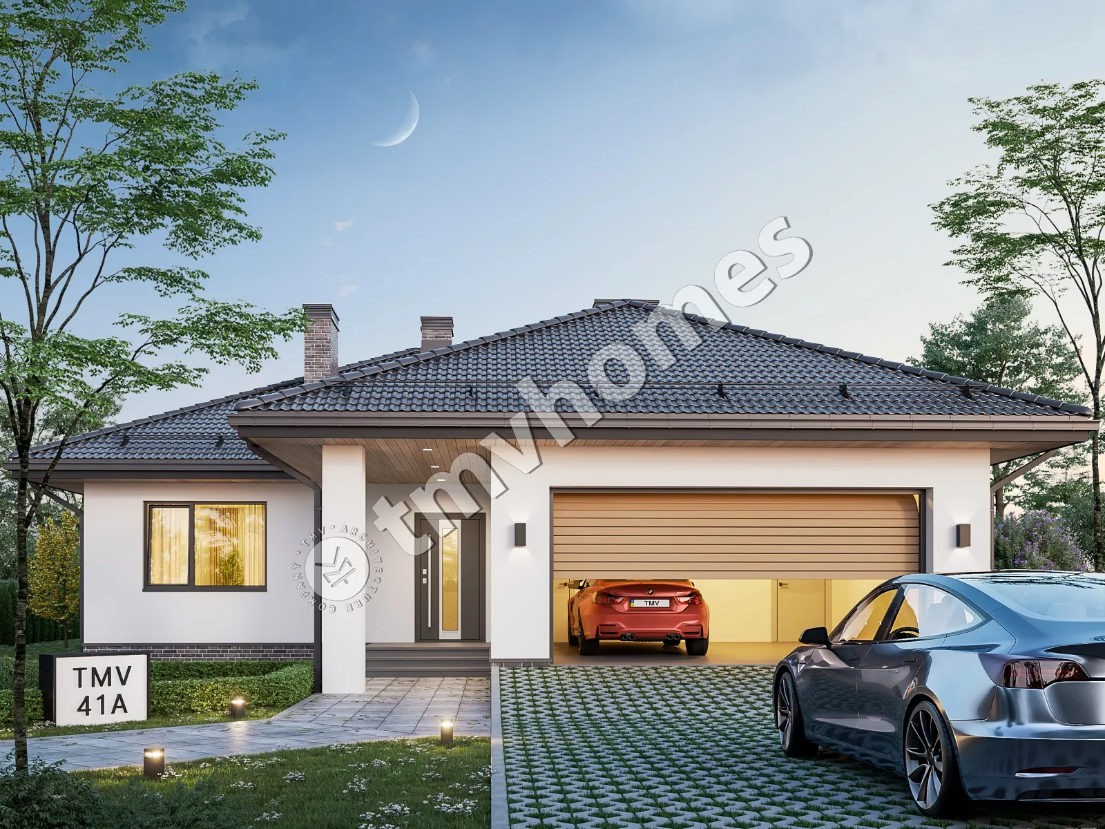 Proiect de casa parter 136 m²: 3 Dormitoare, 2 Bai, Bucatarie deschisa, Garaj