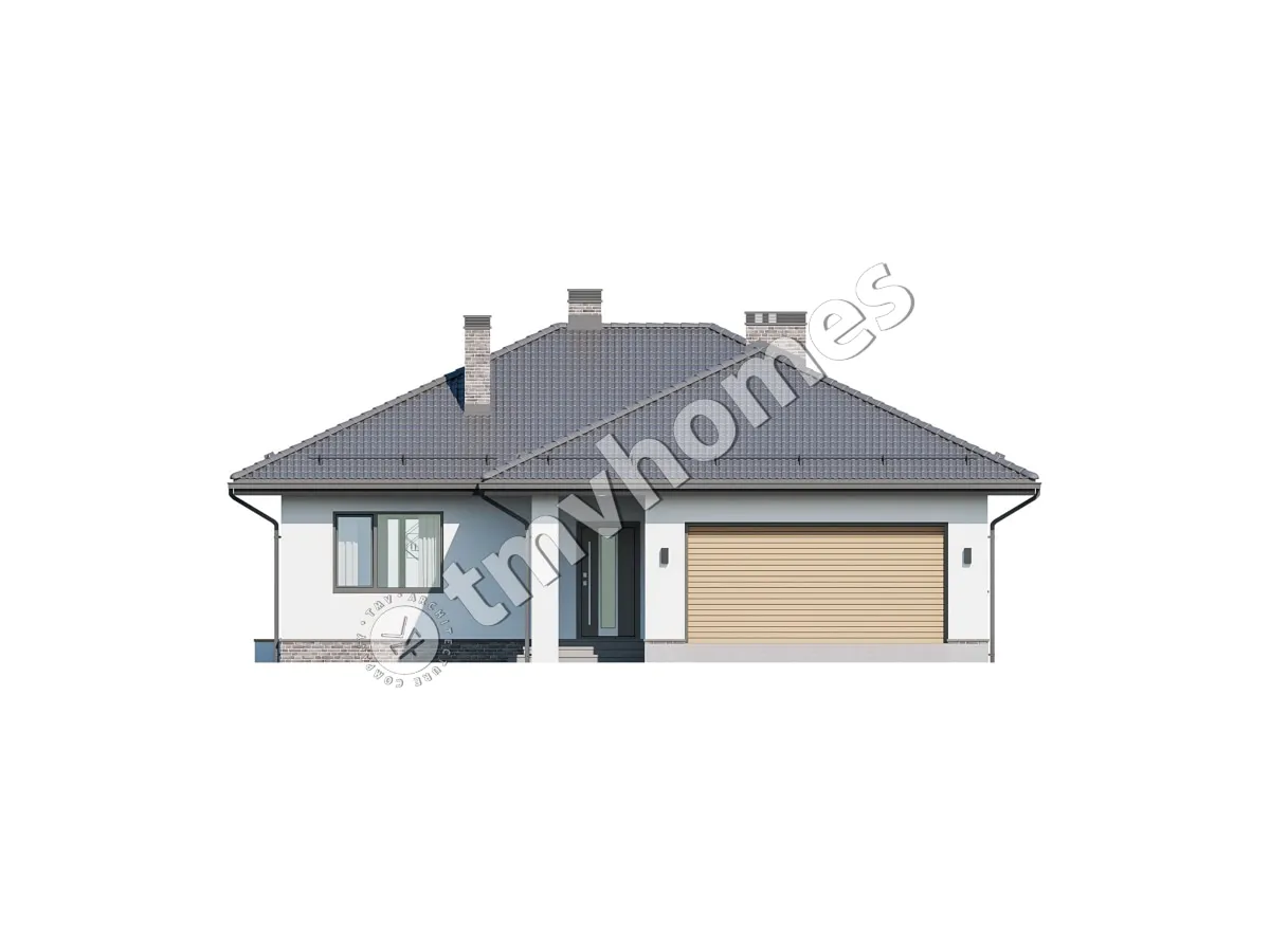 Proiect de casa parter 136 m²: 3 Dormitoare, 2 Bai, Bucatarie deschisa, Garaj