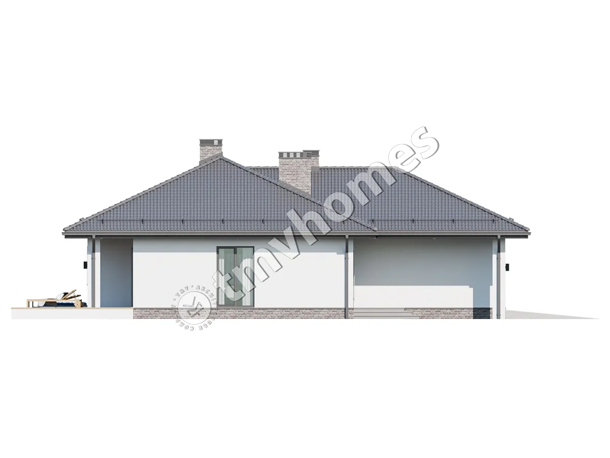 Proiect de casa parter 136 m²: 3 Dormitoare, 2 Bai, Bucatarie deschisa, Garaj