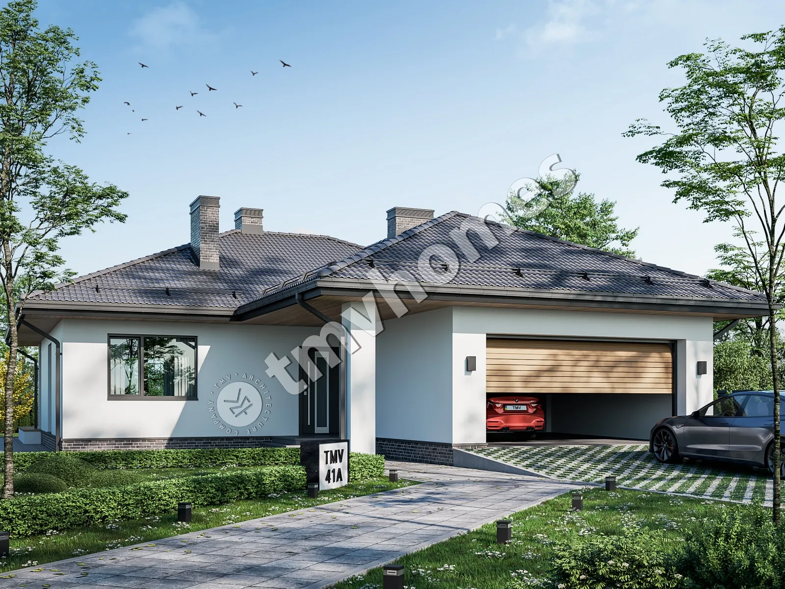 Proiect de casa parter 136 m²: 3 Dormitoare, 2 Bai, Bucatarie deschisa, Garaj
