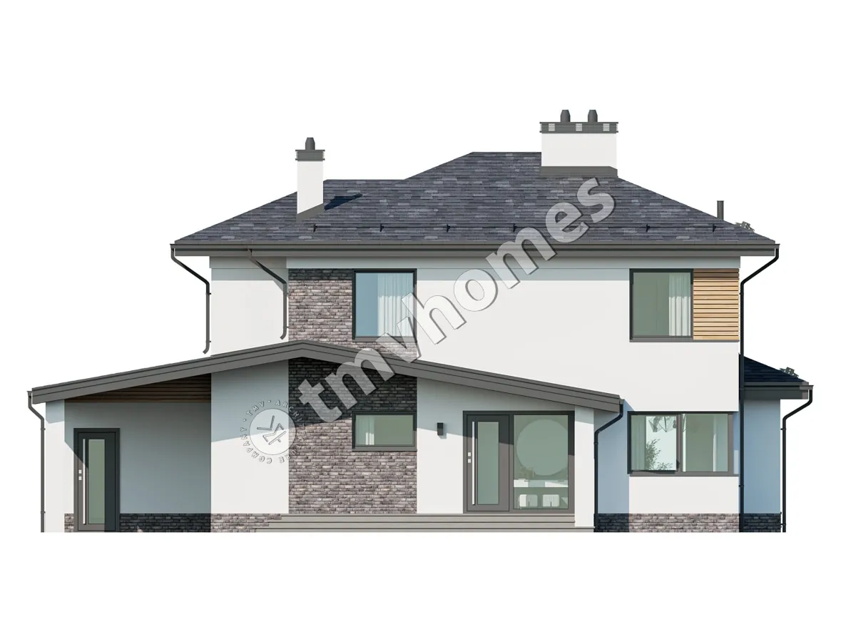 Proiect de casa cu etaj 177 m²: 3 Dormitoare, 3 Bai, Bucatarie deschisa, fara Garaj
