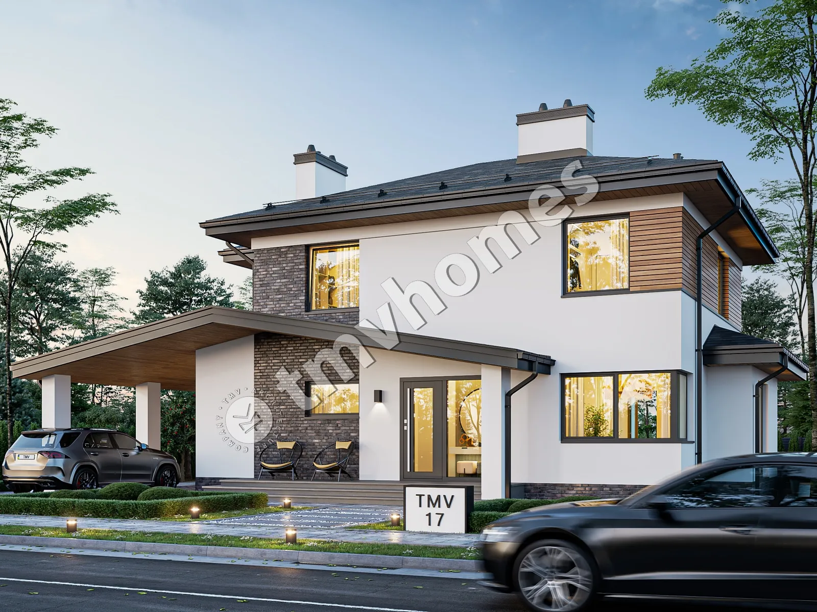 Proiect de casa cu etaj 177 m²: 3 Dormitoare, 3 Bai, Bucatarie deschisa, fara Garaj