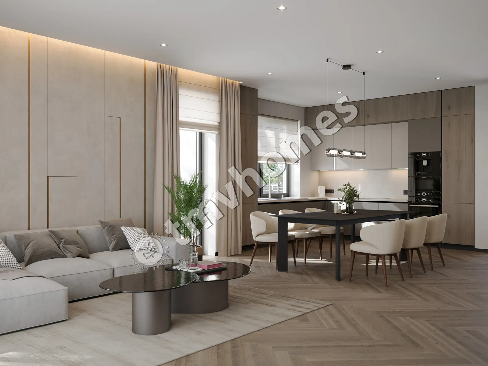 Proiect de casa parter 192 m²: 3 Dormitoare, 2 Bai, Bucatarie deschisa, Garaj