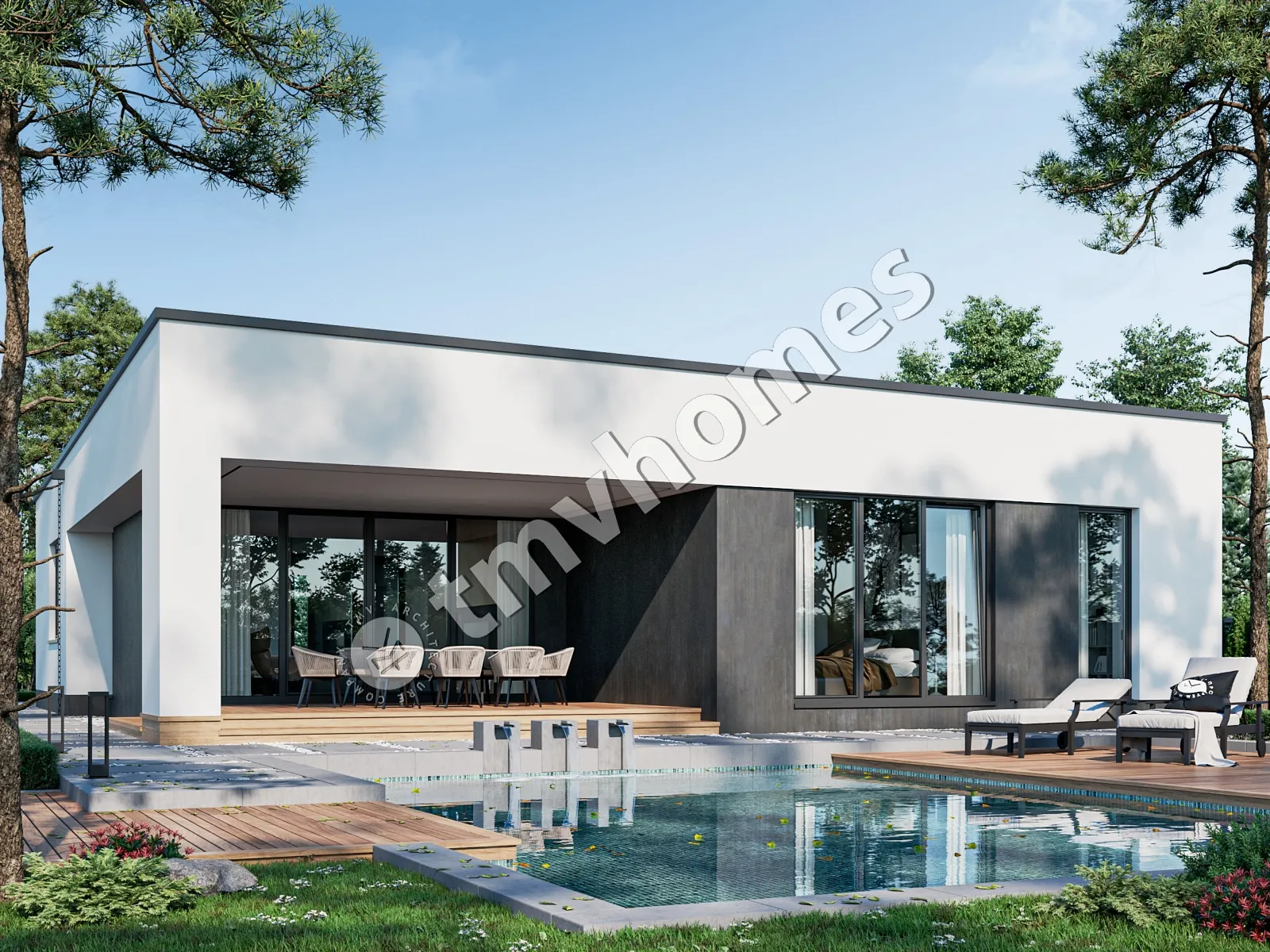 Proiect de casa parter 192 m²: 3 Dormitoare, 2 Bai, Bucatarie deschisa, Garaj