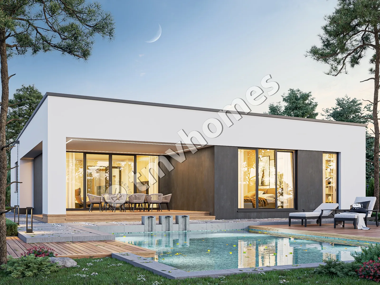 Proiect de casa parter 192 m²: 3 Dormitoare, 2 Bai, Bucatarie deschisa, Garaj