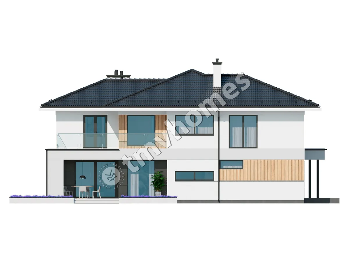 Proiect de casa cu etaj 270 m²: 2 Dormitoare, Birou, 2 Bai, Bucatarie deschisa, Garaj