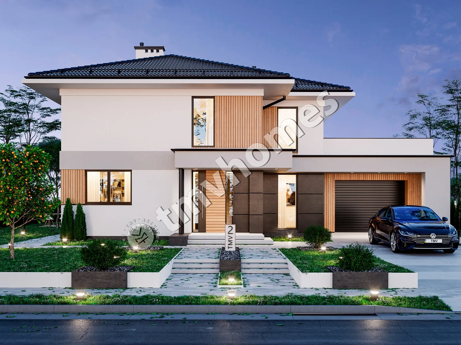 Proiect de casa cu etaj 270 m²: 2 Dormitoare, Birou, 2 Bai, Bucatarie deschisa, Garaj