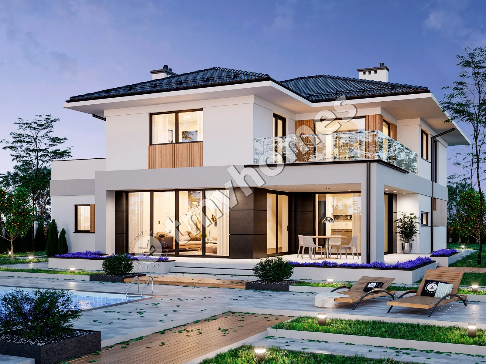 Proiect de casa cu etaj 270 m²: 2 Dormitoare, Birou, 2 Bai, Bucatarie deschisa, Garaj