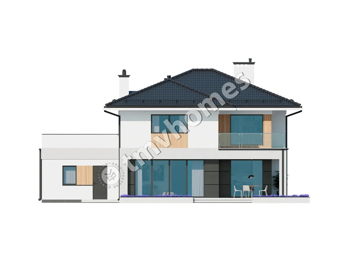 Proiect de casa cu etaj 270 m²: 2 Dormitoare, Birou, 2 Bai, Bucatarie deschisa, Garaj