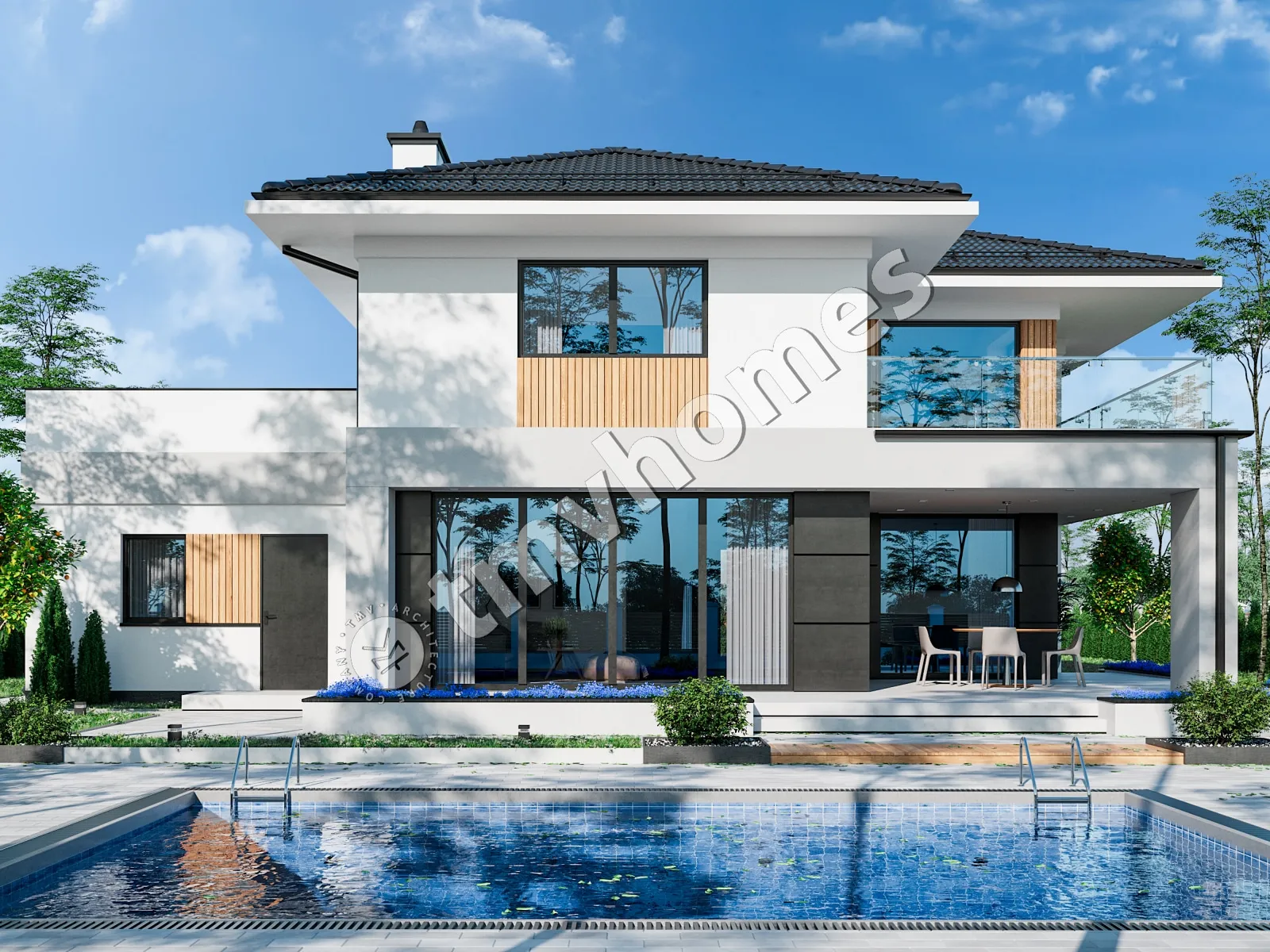 Proiect de casa cu etaj 270 m²: 2 Dormitoare, Birou, 2 Bai, Bucatarie deschisa, Garaj