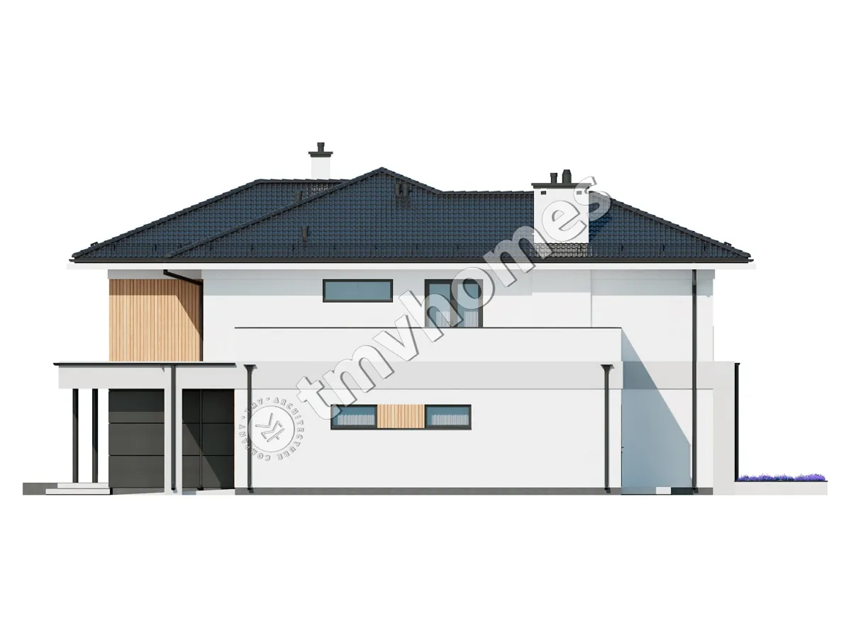 Proiect de casa cu etaj 270 m²: 2 Dormitoare, Birou, 2 Bai, Bucatarie deschisa, Garaj