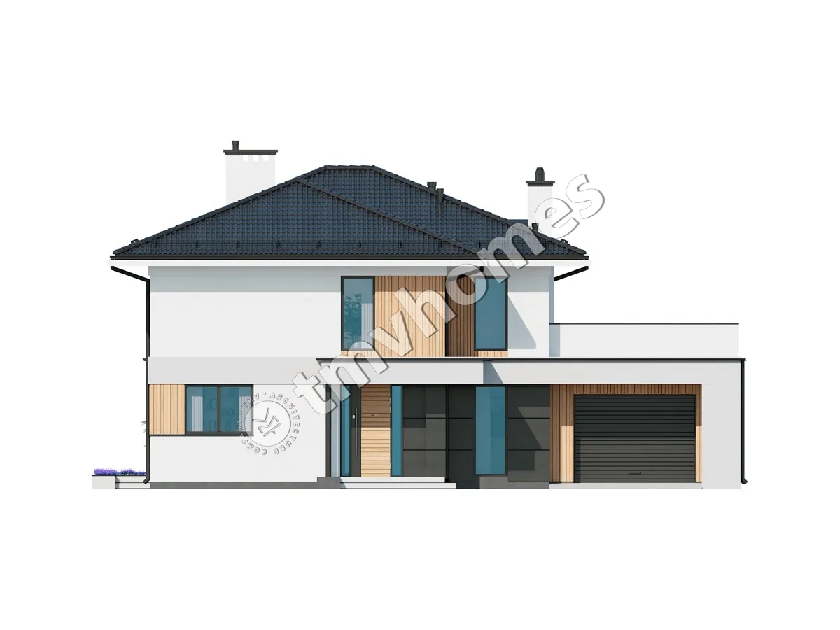 Proiect de casa cu etaj 270 m²: 2 Dormitoare, Birou, 2 Bai, Bucatarie deschisa, Garaj