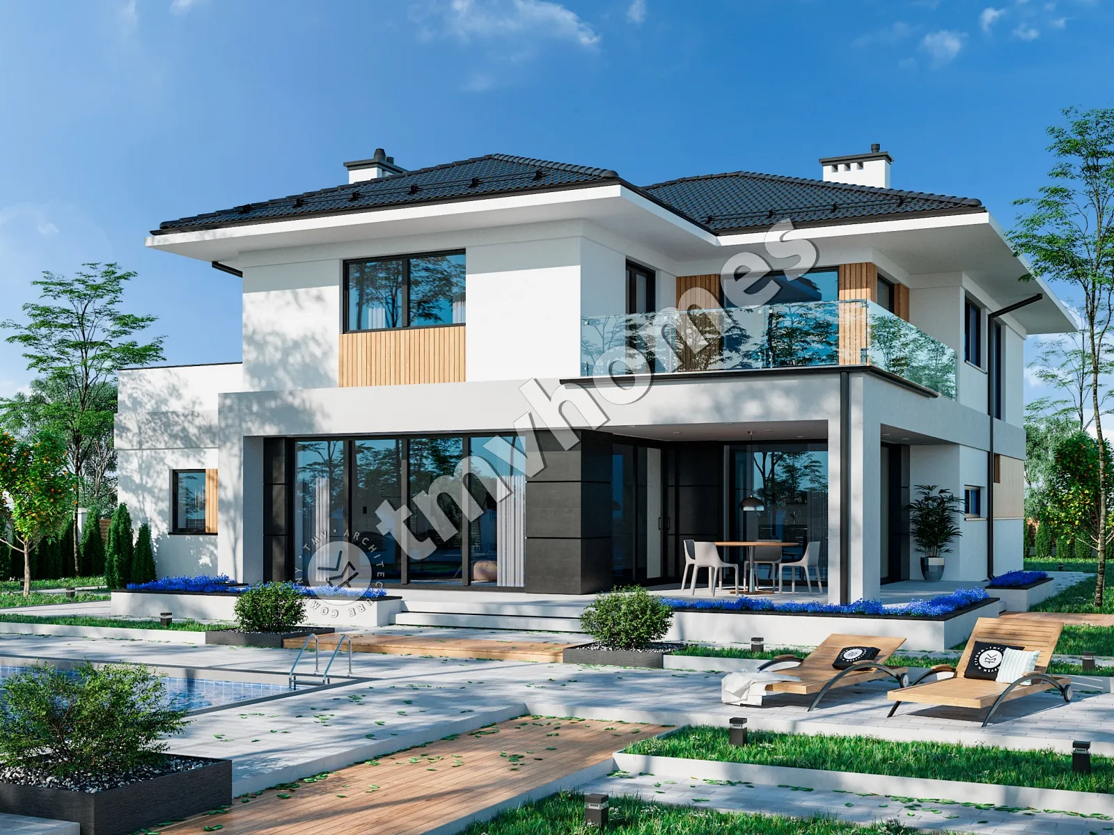 Proiect de casa cu etaj 270 m²: 2 Dormitoare, Birou, 2 Bai, Bucatarie deschisa, Garaj