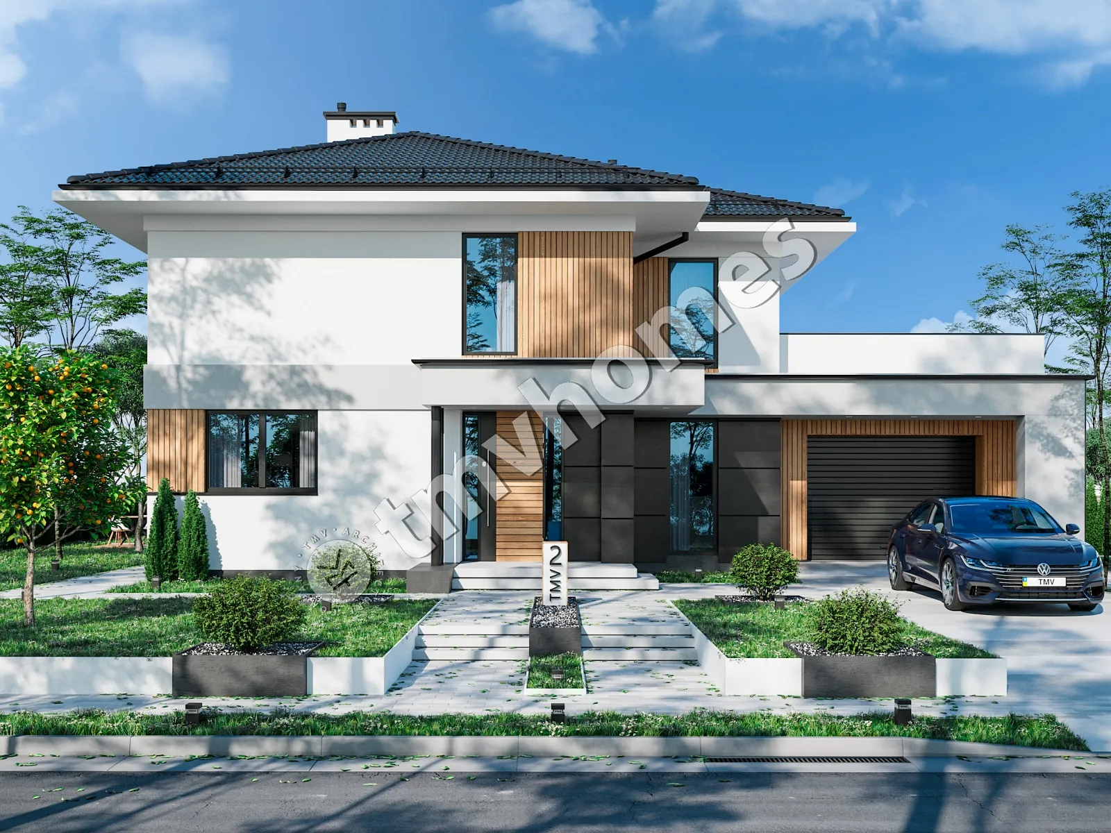 Proiect de casa cu etaj 270 m²: 2 Dormitoare, Birou, 2 Bai, Bucatarie deschisa, Garaj