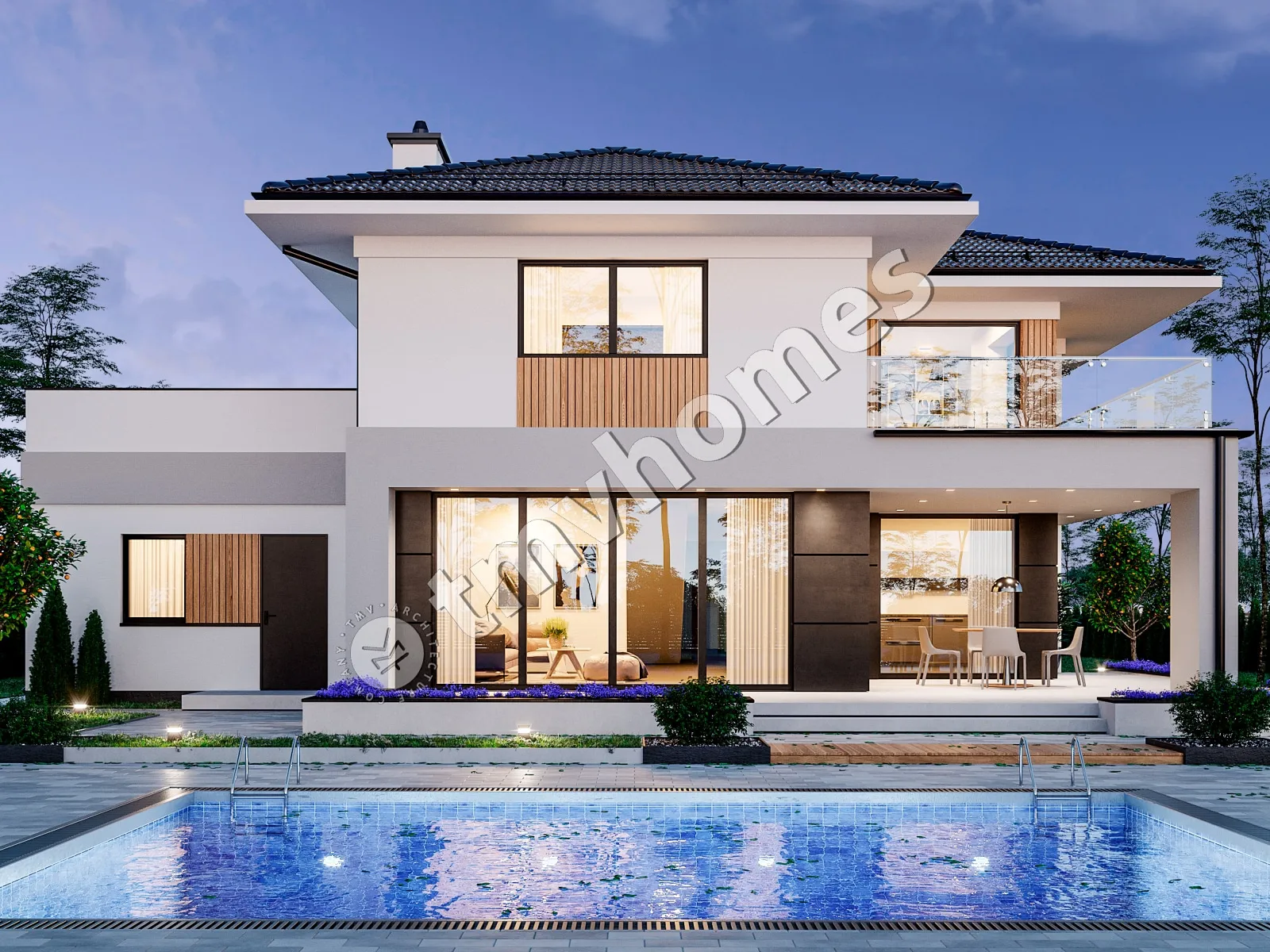 Proiect de casa cu etaj 270 m²: 2 Dormitoare, Birou, 2 Bai, Bucatarie deschisa, Garaj