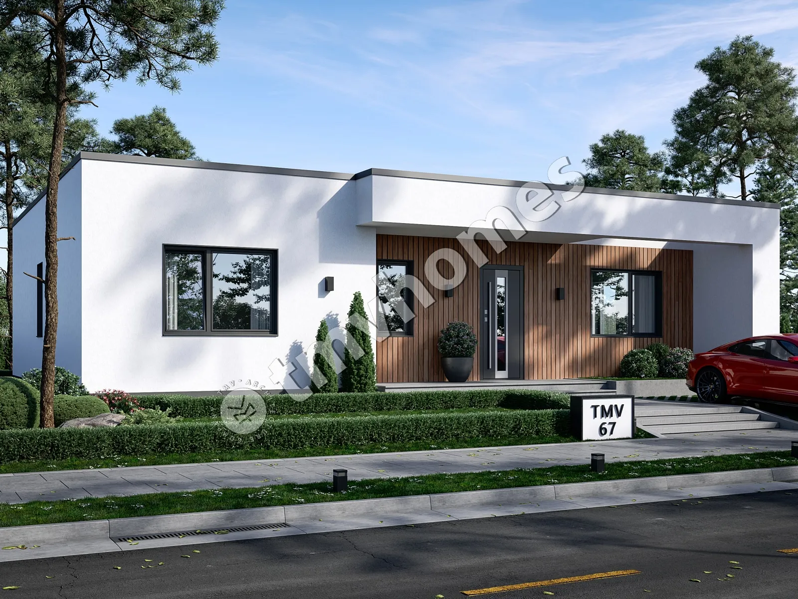 Proiect de casa parter 113 m²: 3 Dormitoare, 2 Bai, Bucatarie deschisa, fara Garaj