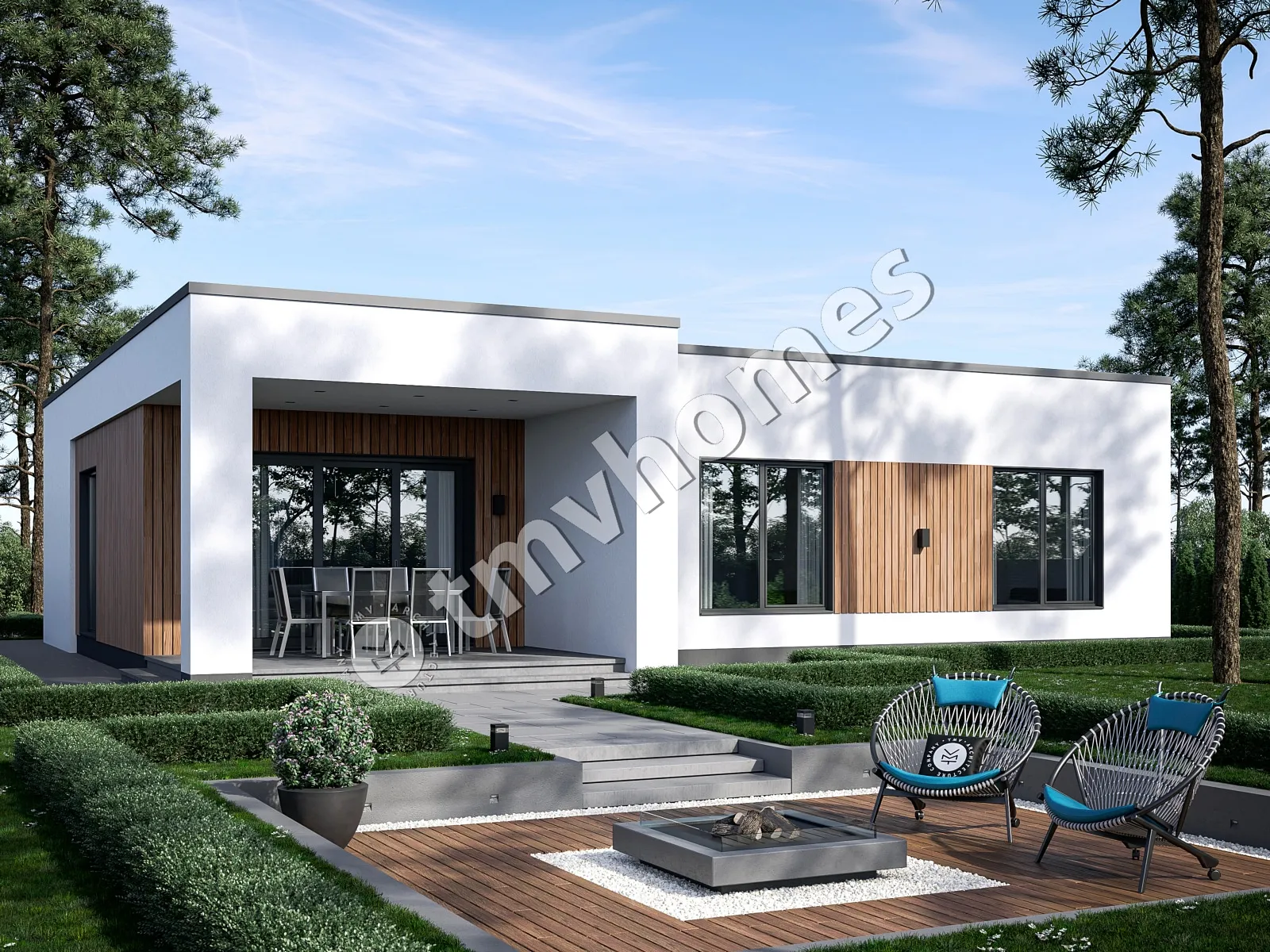 Proiect de casa parter 113 m²: 3 Dormitoare, 2 Bai, Bucatarie deschisa, fara Garaj