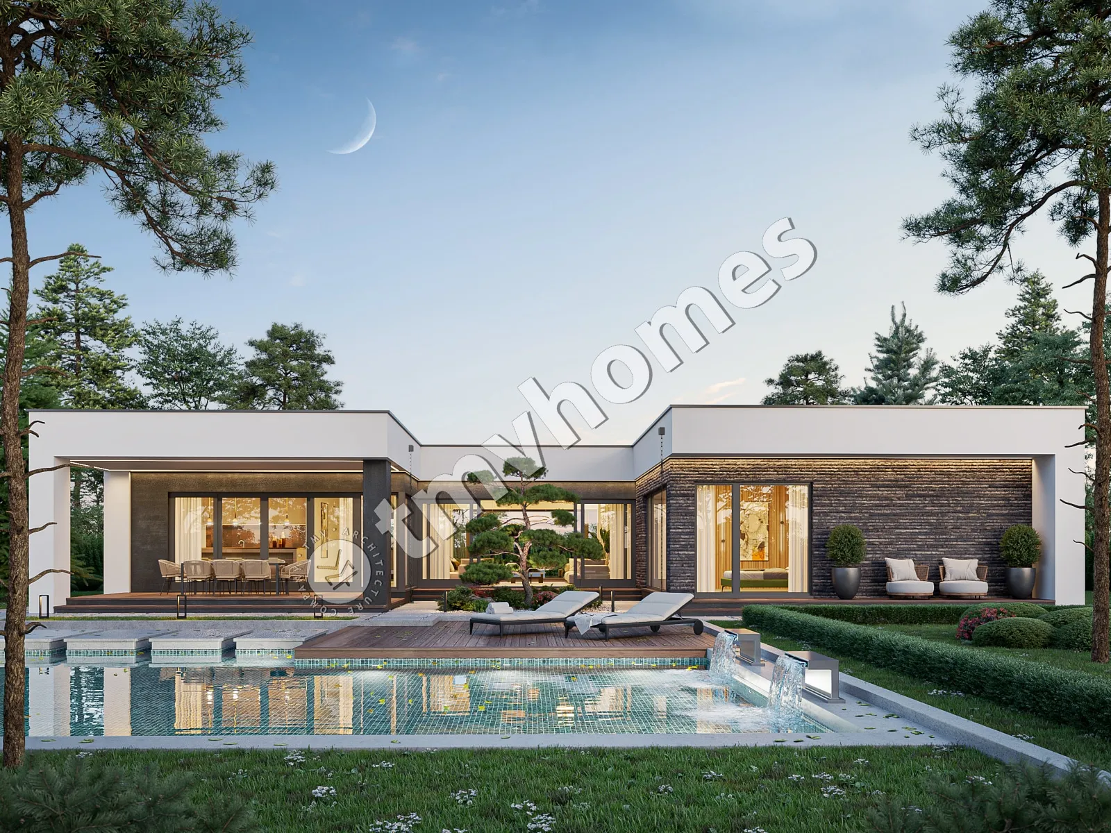 Proiect de casa parter 215 m²: 3 Dormitoare, 3 Bai, Bucatarie deschisa, fara Garaj