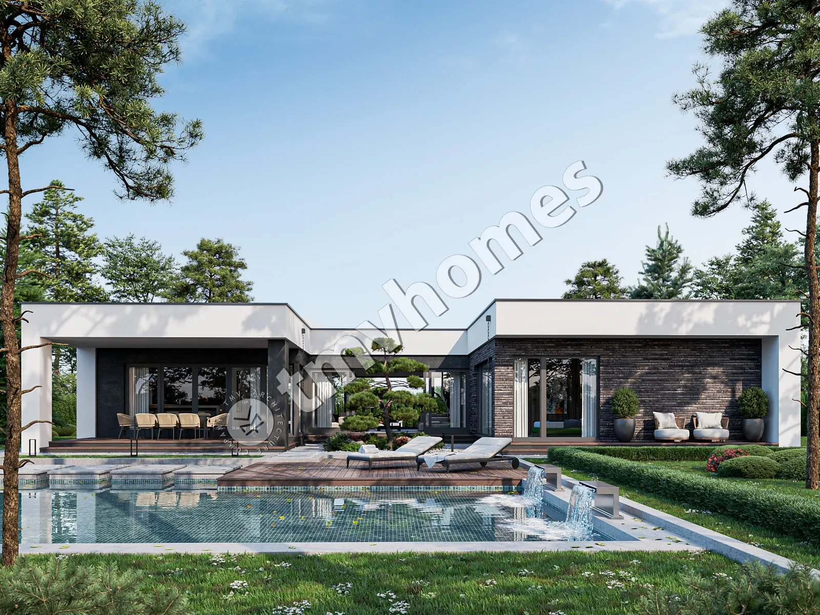 Proiect de casa parter 215 m²: 3 Dormitoare, 3 Bai, Bucatarie deschisa, fara Garaj