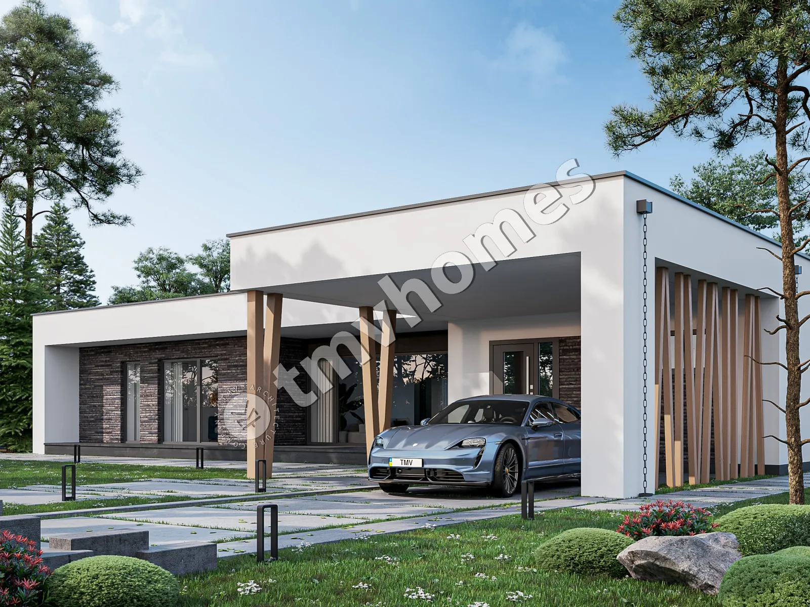 Proiect de casa parter 215 m²: 3 Dormitoare, 3 Bai, Bucatarie deschisa, fara Garaj