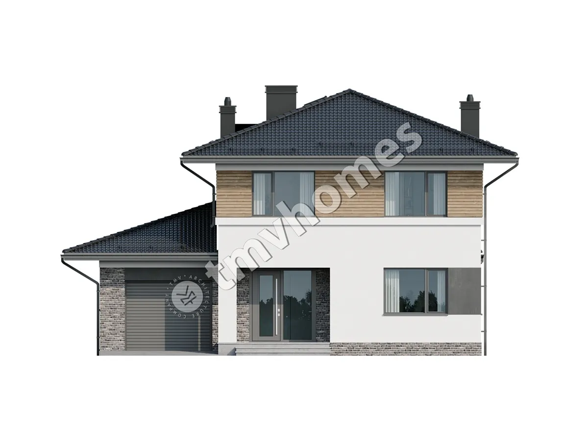 Proiect de casa cu etaj 220 m²: 3 Dormitoare, Birou, 3 Bai, Bucatarie deschisa, Garaj