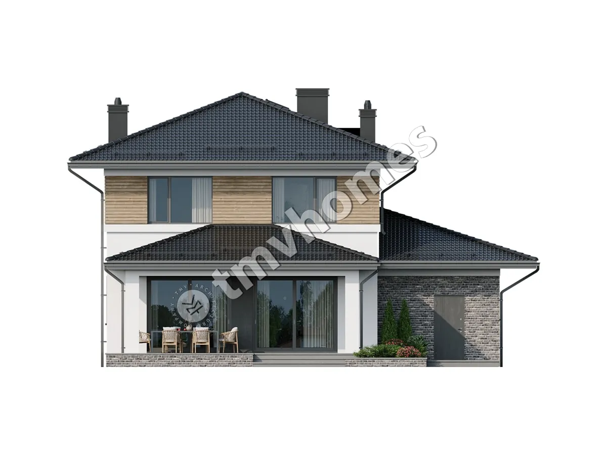 Proiect de casa cu etaj 220 m²: 3 Dormitoare, Birou, 3 Bai, Bucatarie deschisa, Garaj