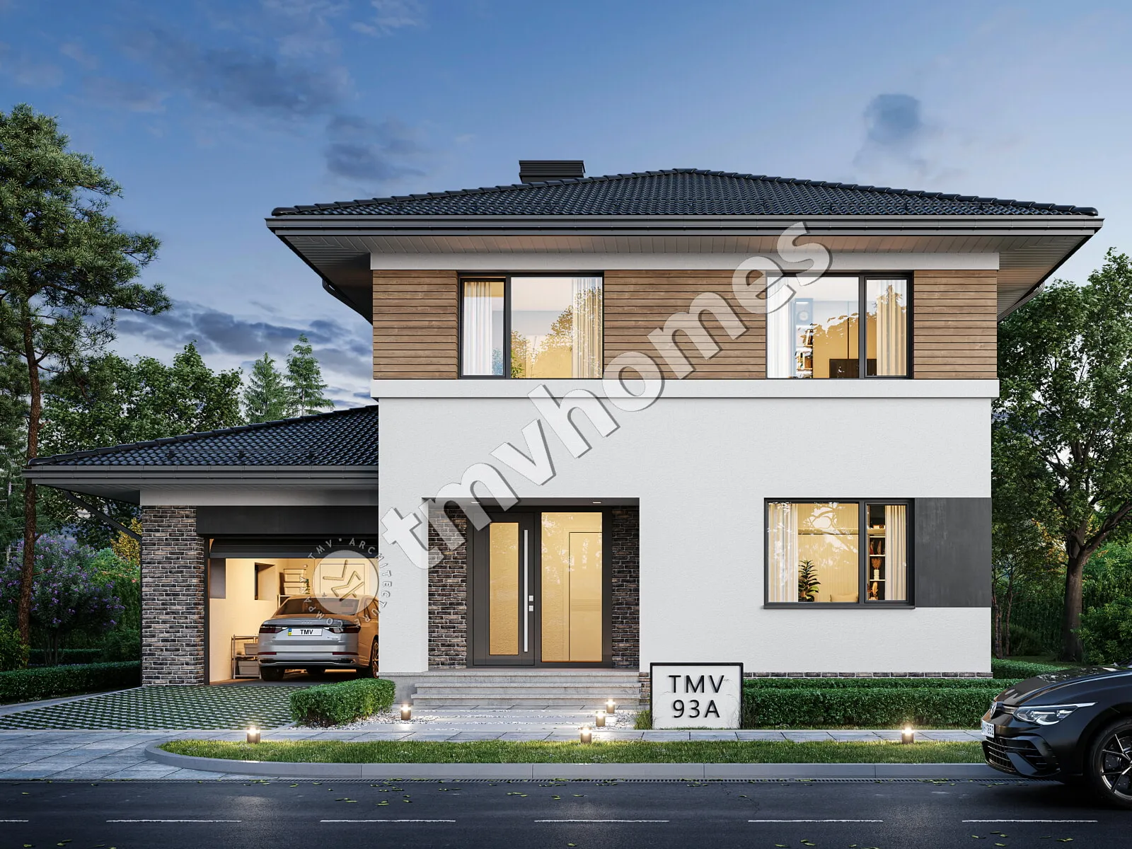 Proiect de casa cu etaj 220 m²: 3 Dormitoare, Birou, 3 Bai, Bucatarie deschisa, Garaj