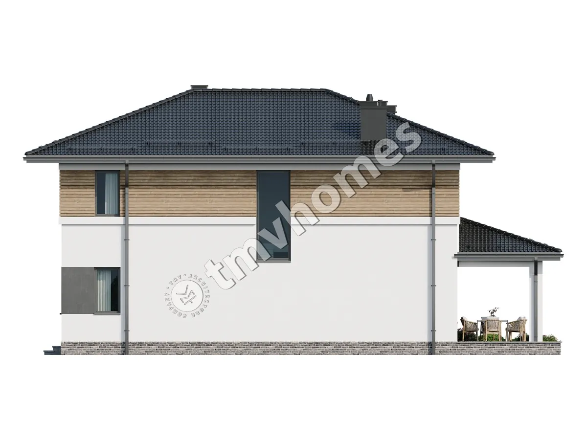 Proiect de casa cu etaj 220 m²: 3 Dormitoare, Birou, 3 Bai, Bucatarie deschisa, Garaj