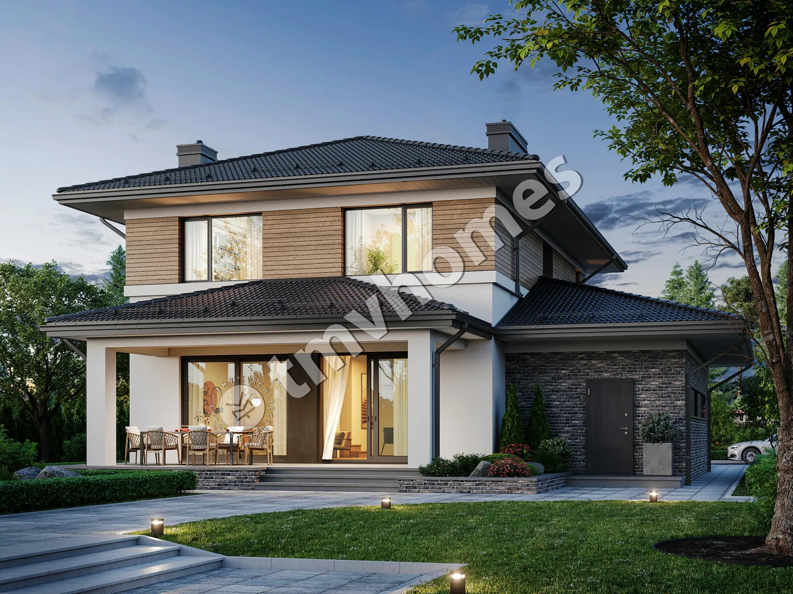 Proiect de casa cu etaj 220 m²: 3 Dormitoare, Birou, 3 Bai, Bucatarie deschisa, Garaj