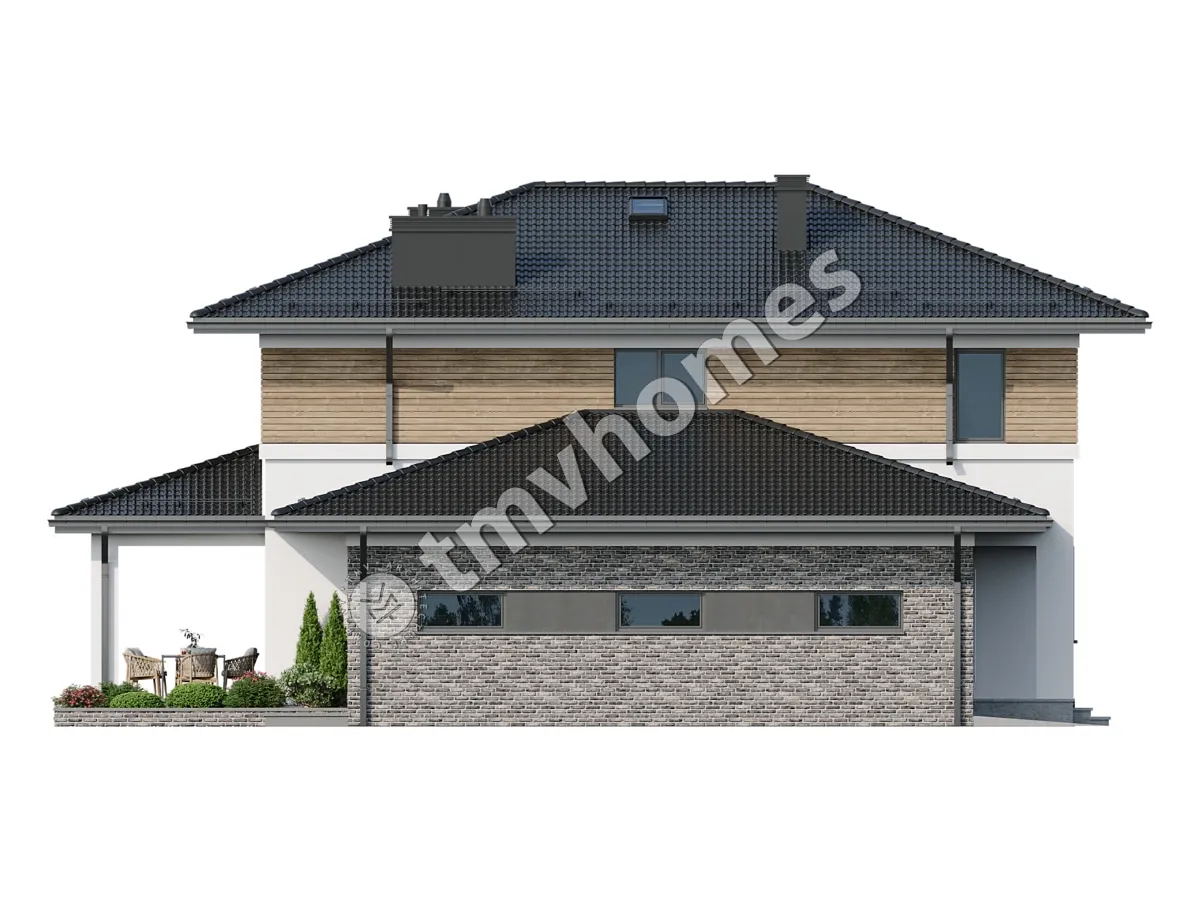 Proiect de casa cu etaj 220 m²: 3 Dormitoare, Birou, 3 Bai, Bucatarie deschisa, Garaj