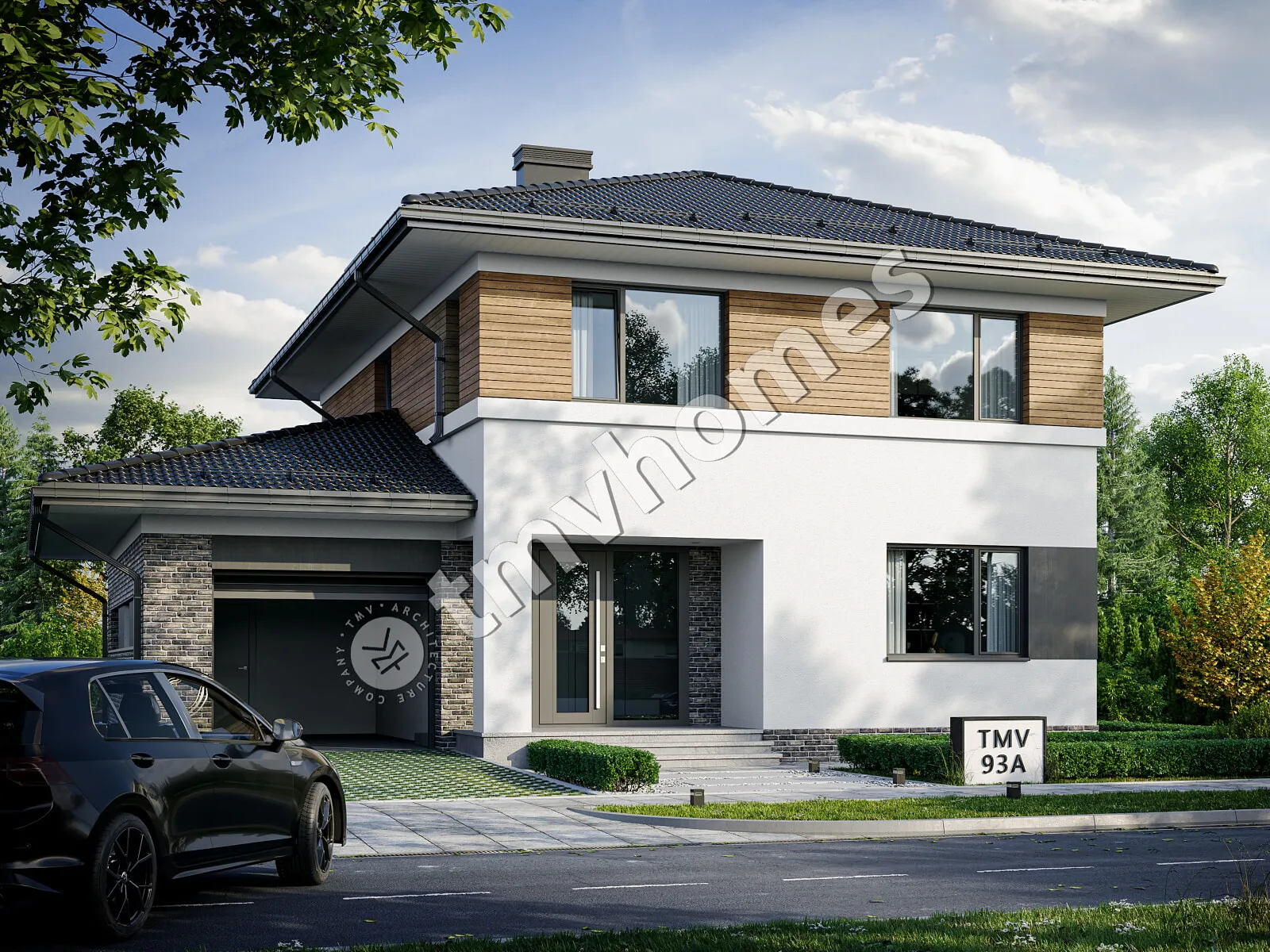 Proiect de casa cu etaj 220 m²: 3 Dormitoare, Birou, 3 Bai, Bucatarie deschisa, Garaj
