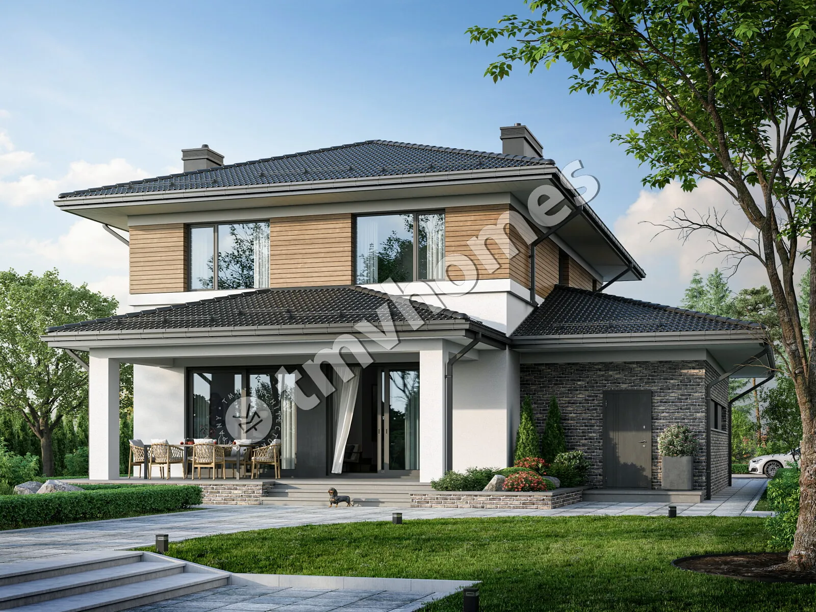 Proiect de casa cu etaj 220 m²: 3 Dormitoare, Birou, 3 Bai, Bucatarie deschisa, Garaj