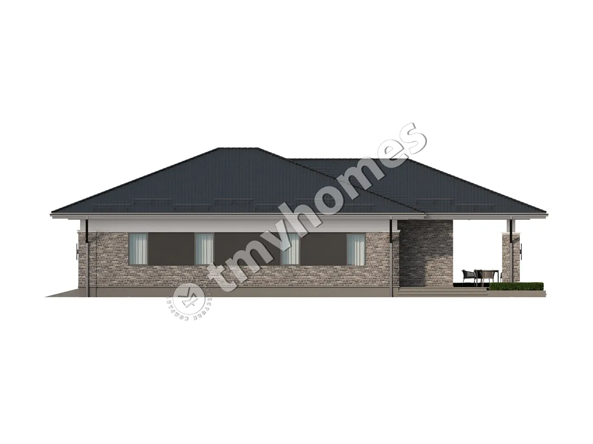 Proiect de casa parter 260 m²: 3 Dormitoare, 3 Bai, Bucatarie deschisa, Garaj