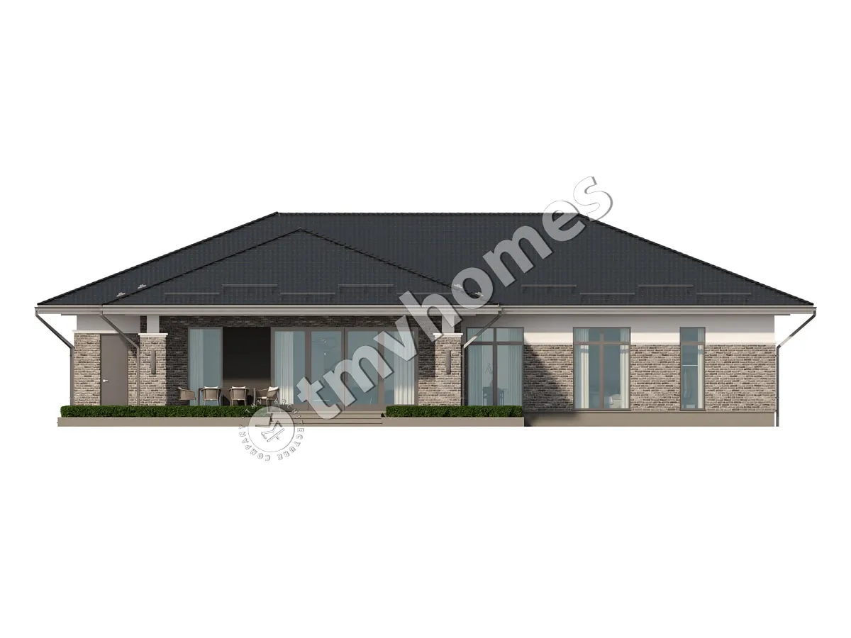 Proiect de casa parter 260 m²: 3 Dormitoare, 3 Bai, Bucatarie deschisa, Garaj