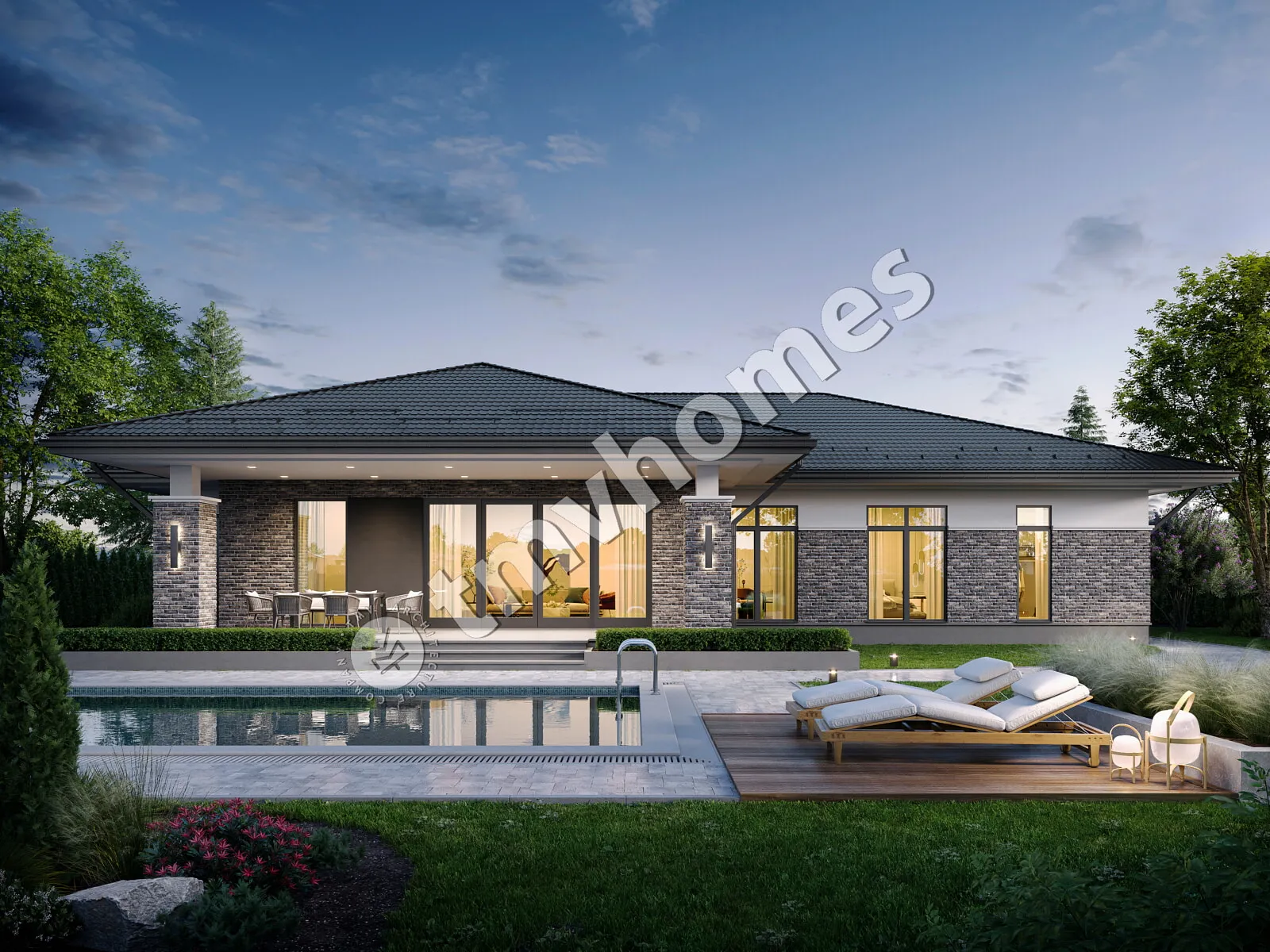 Proiect de casa parter 260 m²: 3 Dormitoare, 3 Bai, Bucatarie deschisa, Garaj