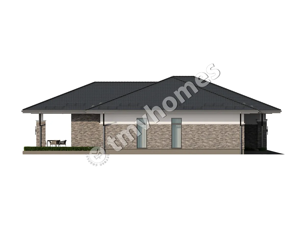 Proiect de casa parter 260 m²: 3 Dormitoare, 3 Bai, Bucatarie deschisa, Garaj