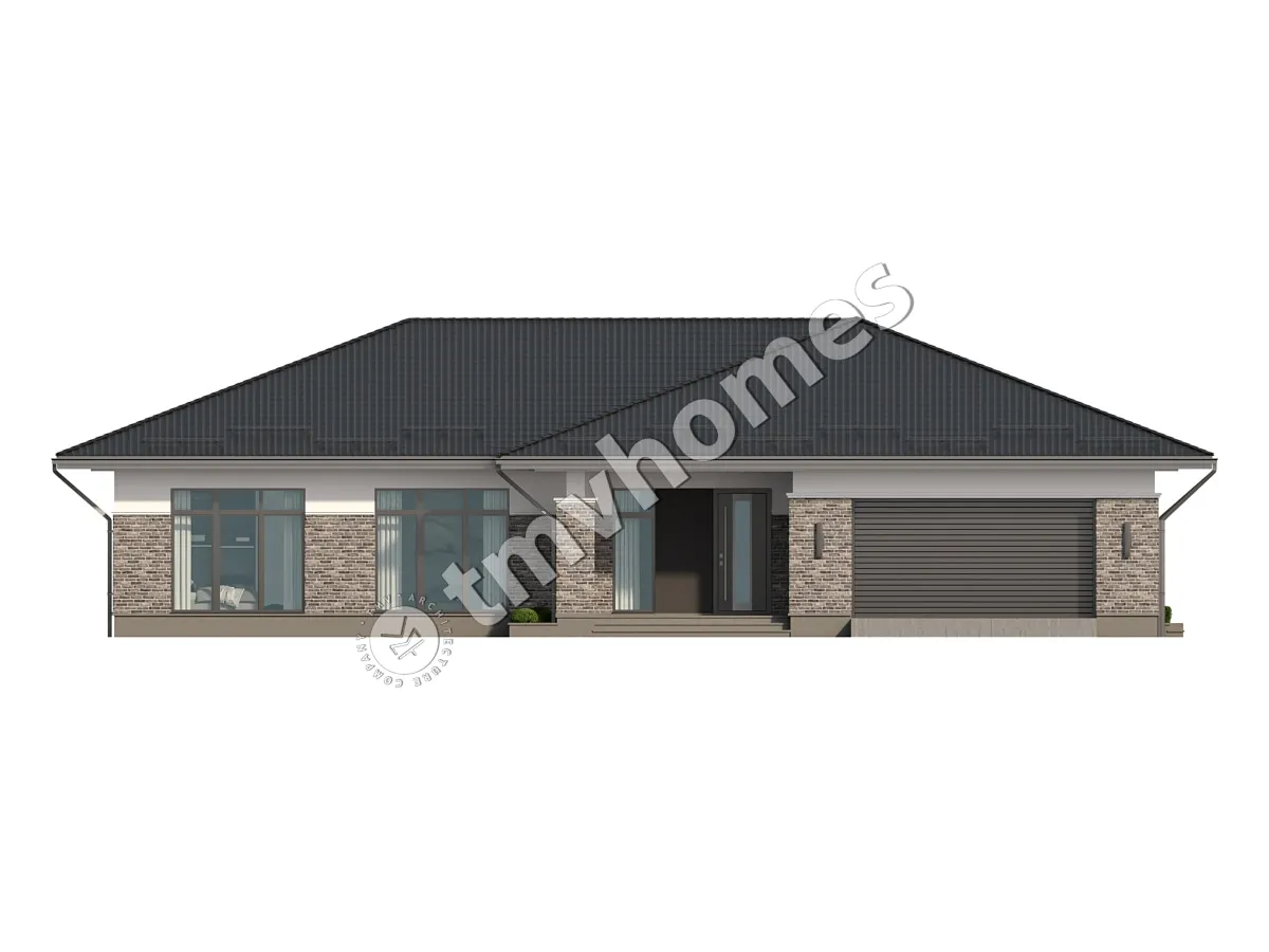 Proiect de casa parter 260 m²: 3 Dormitoare, 3 Bai, Bucatarie deschisa, Garaj