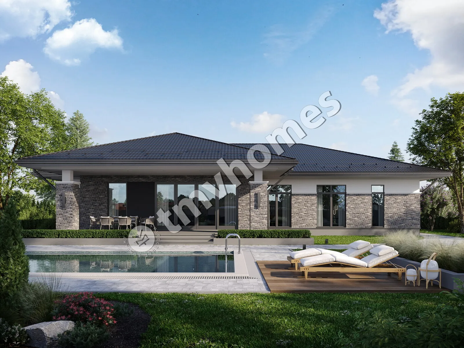 Proiect de casa parter 260 m²: 3 Dormitoare, 3 Bai, Bucatarie deschisa, Garaj