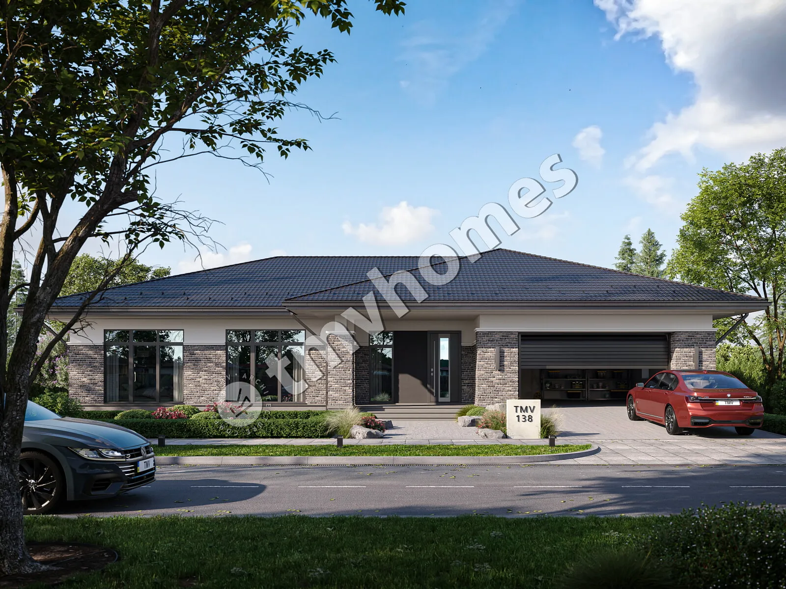 Proiect de casa parter 260 m²: 3 Dormitoare, 3 Bai, Bucatarie deschisa, Garaj