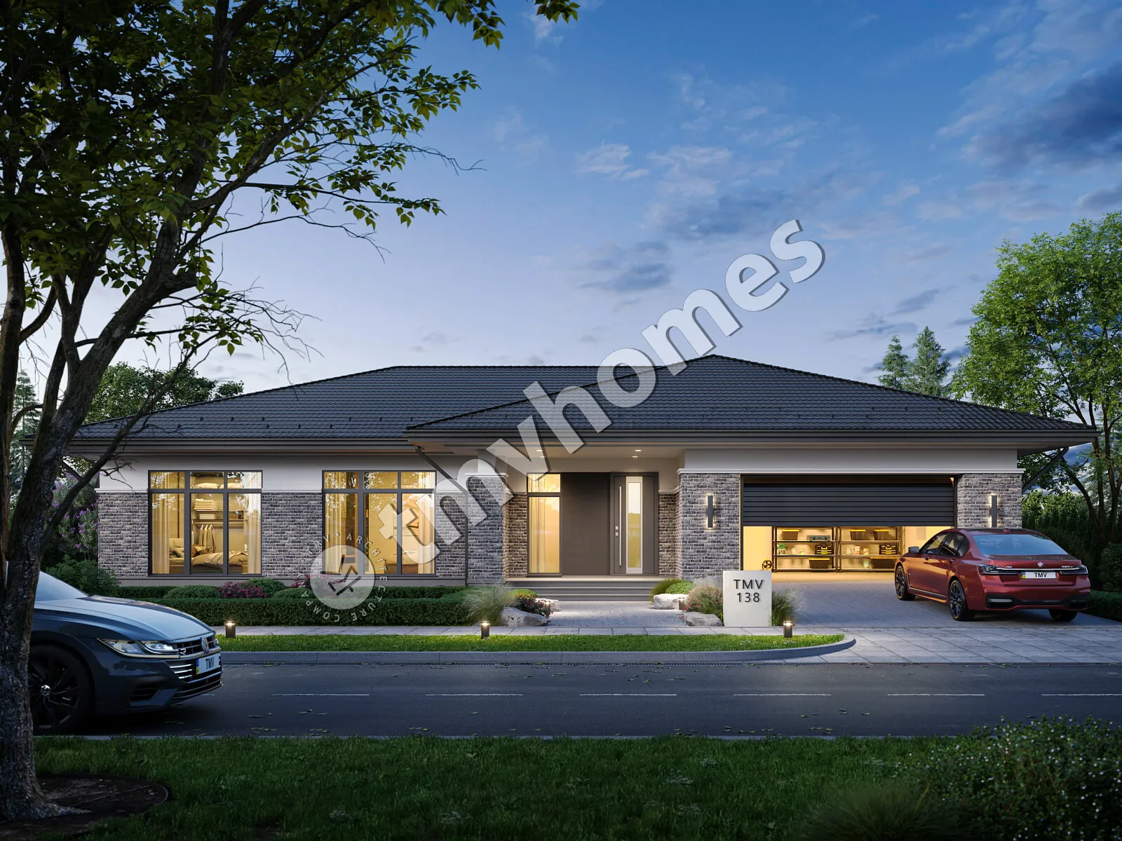 Proiect de casa parter 260 m²: 3 Dormitoare, 3 Bai, Bucatarie deschisa, Garaj