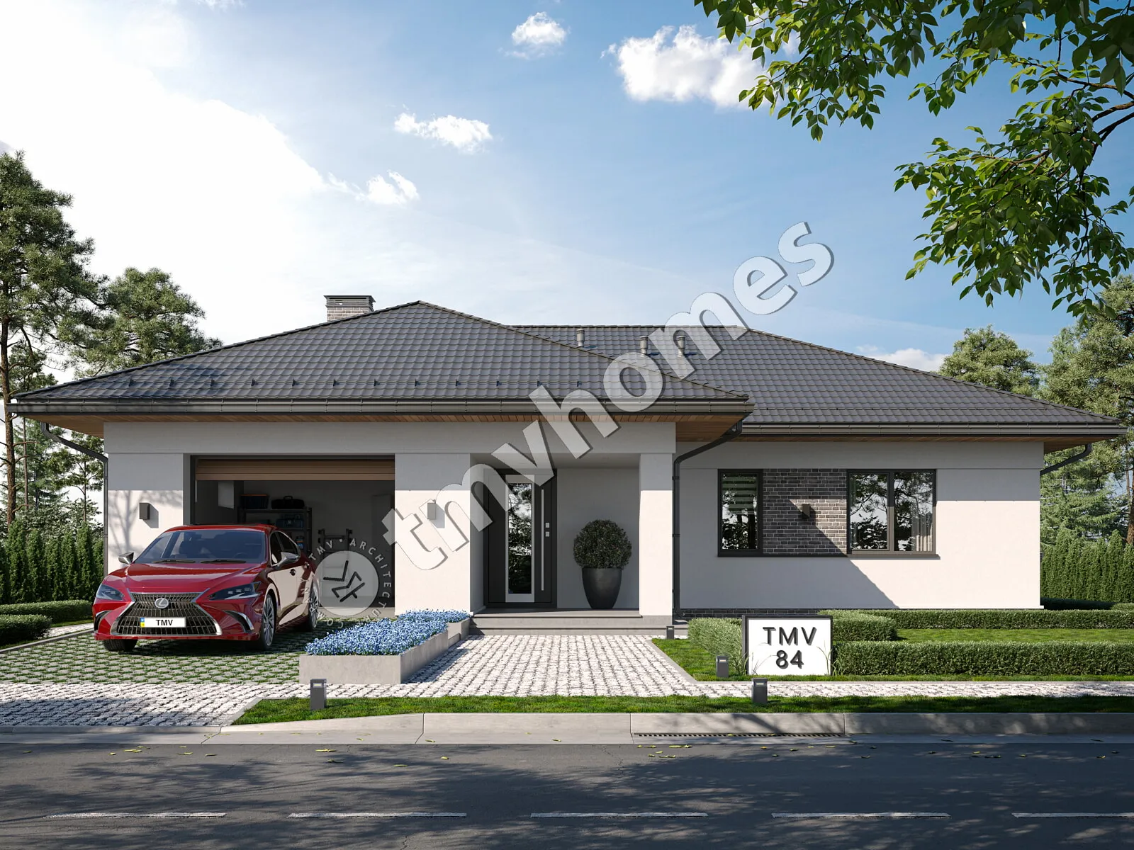 Proiect de casa parter 163 m²: 3 Dormitoare, 2 Bai, Bucatarie deschisa, Garaj