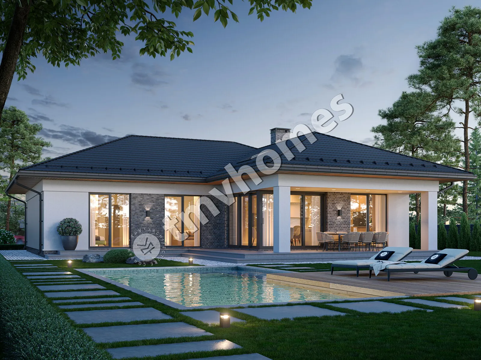 Proiect de casa parter 163 m²: 3 Dormitoare, 2 Bai, Bucatarie deschisa, Garaj