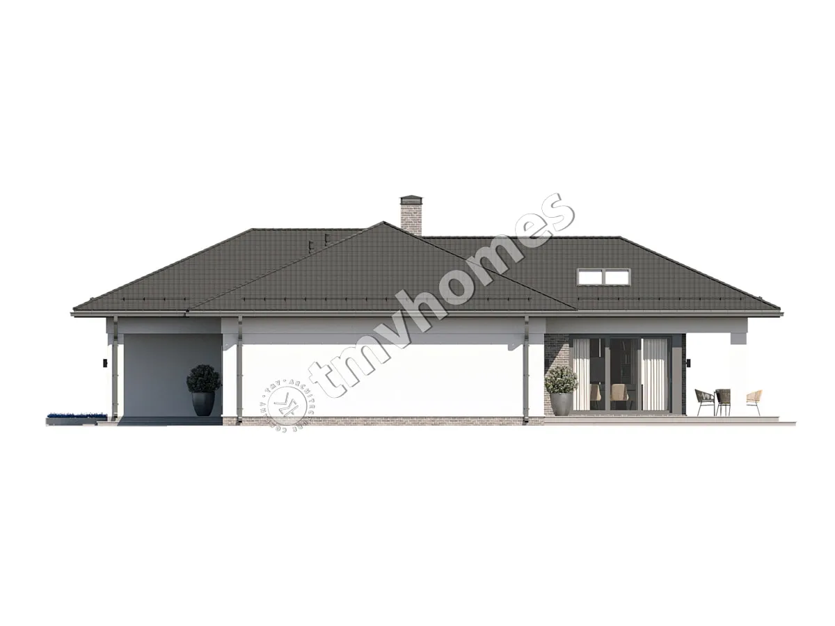 Proiect de casa parter 163 m²: 3 Dormitoare, 2 Bai, Bucatarie deschisa, Garaj