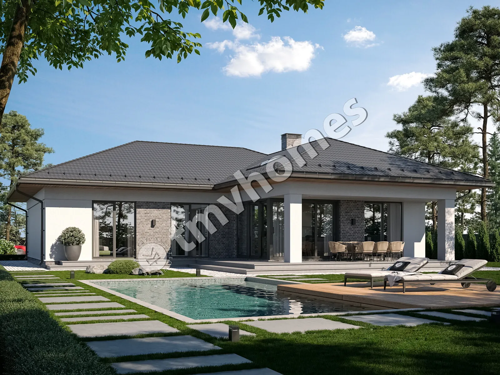 Proiect de casa parter 163 m²: 3 Dormitoare, 2 Bai, Bucatarie deschisa, Garaj