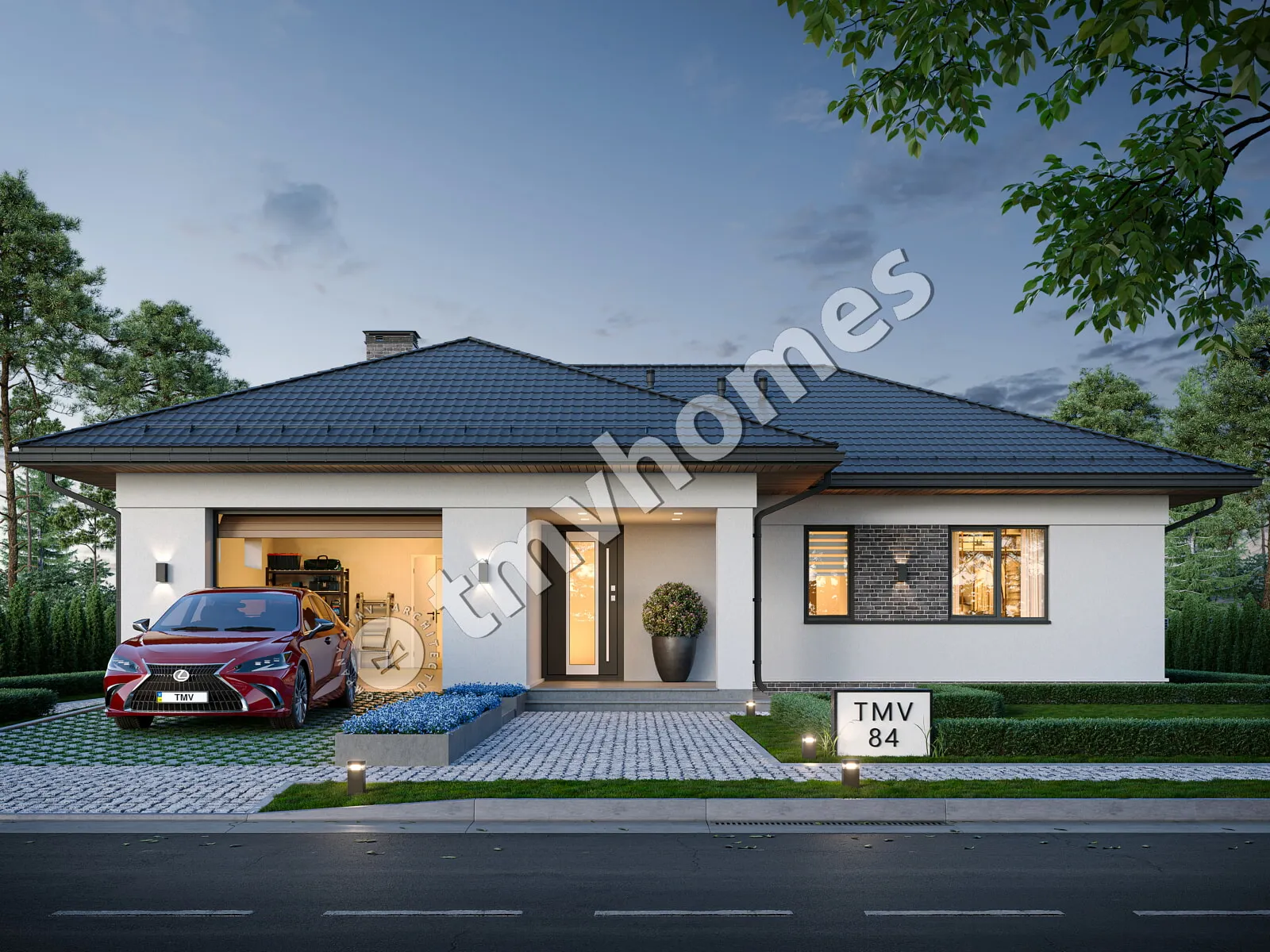Proiect de casa parter 163 m²: 3 Dormitoare, 2 Bai, Bucatarie deschisa, Garaj